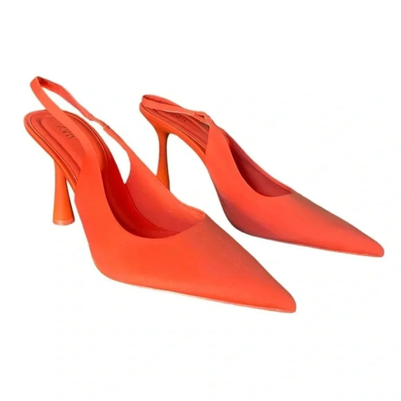 ZARA | Neon Orange Sling Back Pointy Toe Heels Size 9.5 (EU 40) - Picture 5 of 7